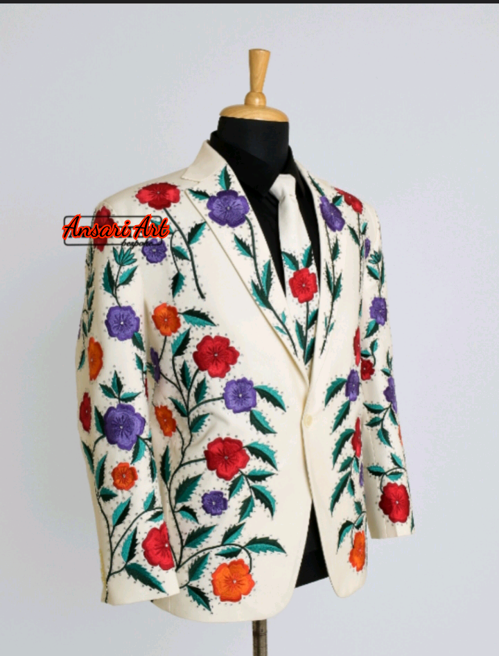 Pre-owned Art Men Custom 2 Piece Western Suit Notch Lapel Floral Embroidered Western Wedding In White
