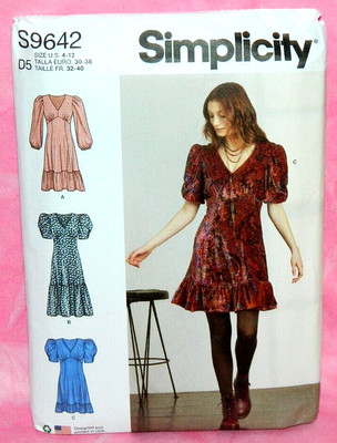 Uncut Simplicity Sz 4-12 V-Neck Empire Waist Dresses in 3 Lengths Pattern 9642