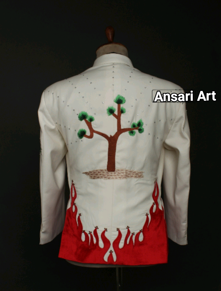Pre-owned Art Mens Designer Suit 2pc Country Western Suit Customized Floral Hand Embroidered In White