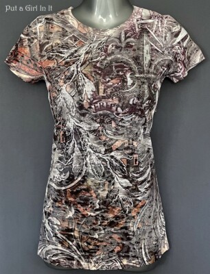 New VOCAL Womens CRYSTAL FLEUR DE LIS SUBLIMATION BURNOUT BLING SHIRT S M L XL