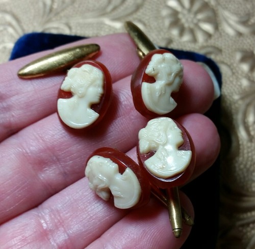 Vintage Antique Celluloid Cameo Gold Tone Cufflinks Buttons Lot