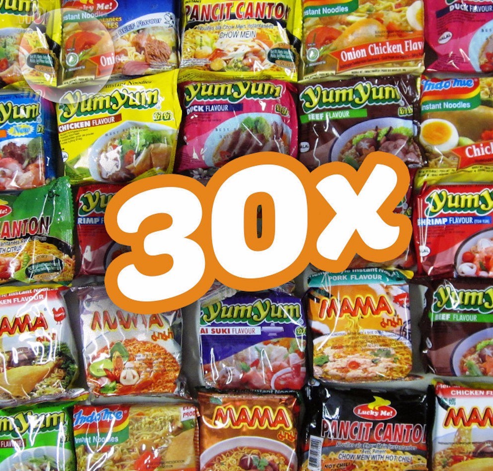 30 ASIA Nudelsuppen MIX Mischpaket YumYum - Lucky Me - MAMA - IndoMie Instant 