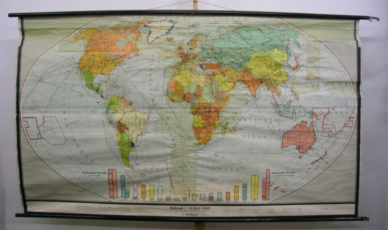 Schulwandkarte Beautiful Old World Map Staatenkarte 245x142 Vintage ~ 1960