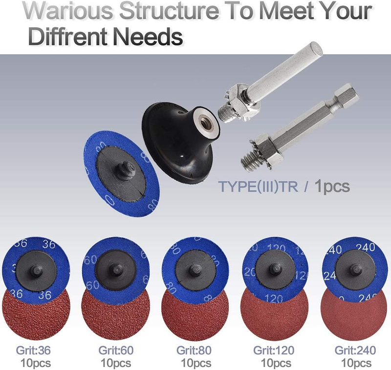 50Pcs Quick Change Discs Set, 2 inch A/O Sanding Discs with 1/4" Holder, for Die