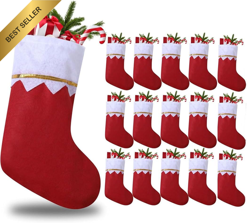 15 Pack 15" Red Felt Christmas Stockings Gold Trim Hanging Holiday Decor