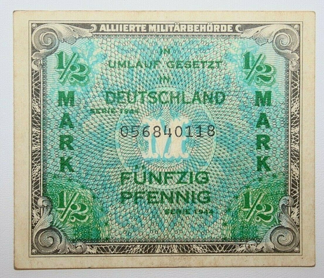 1944 Germany 1/2 One Mark Allied Military Banknote P 191a  056840118