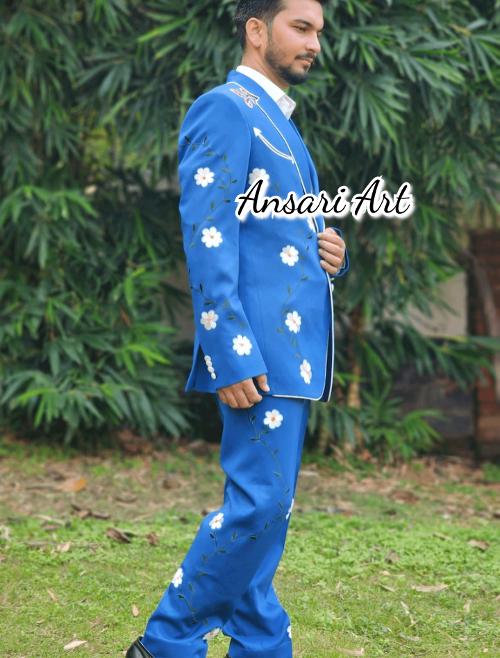 Pre-owned Art Men & Women Blue 2pc Bespoke Western Suit Flowers Embroidered With Piping Tuxedo