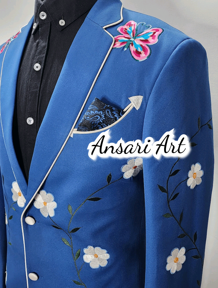 Pre-owned Art Men & Women Blue 2pc Bespoke Western Suit Flowers Embroidered With Piping Tuxedo