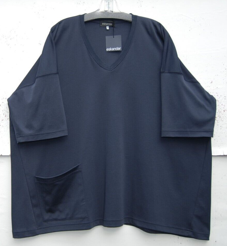 Pre-owned Eskandar Dark Navy V-neck Mid Weight Pima Cotton 30" Long Top W/pocket O/s In Blue
