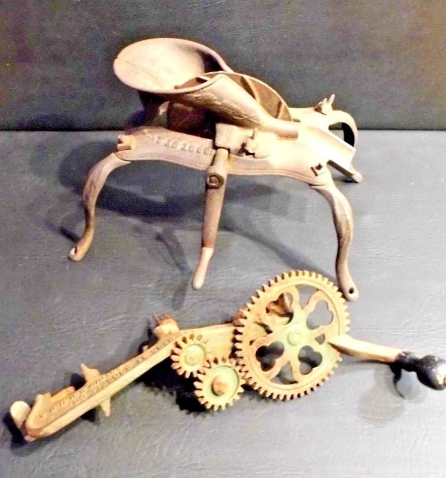 Antique farm fruit equipment Cast iron Cherry pitter 1863 & Apple peeler 1898