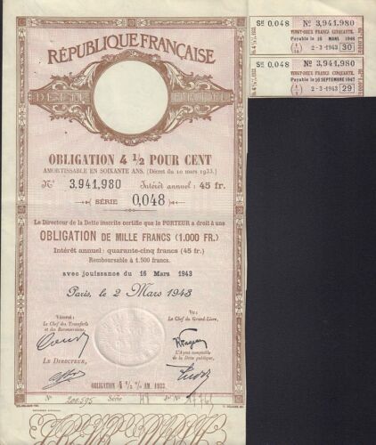 FRANCE Government  Republique Francaise Obligation 1000 FR 1933 / 1943