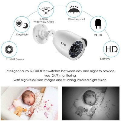 ZOSI 720P HD-TVI Security Camera System with 4 Pack 1280TVL(720P) Weatherproof