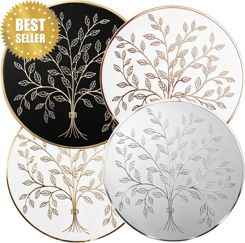 Gold round Placemats, 4Packs Tree of Life Place Mats 38CM Pressed PVC Heat Resis