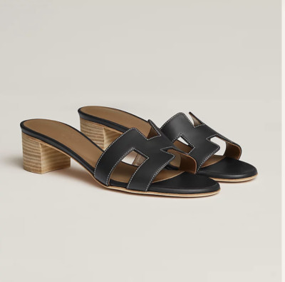  Size 37.5EU New in Box Hermes Black Noir Calfskin Oasis Sandals