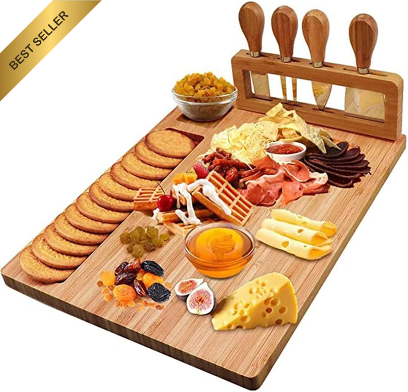Premium Portable Cheese Board, 3 Compartment Charcuterie Plank, Large Multifunct