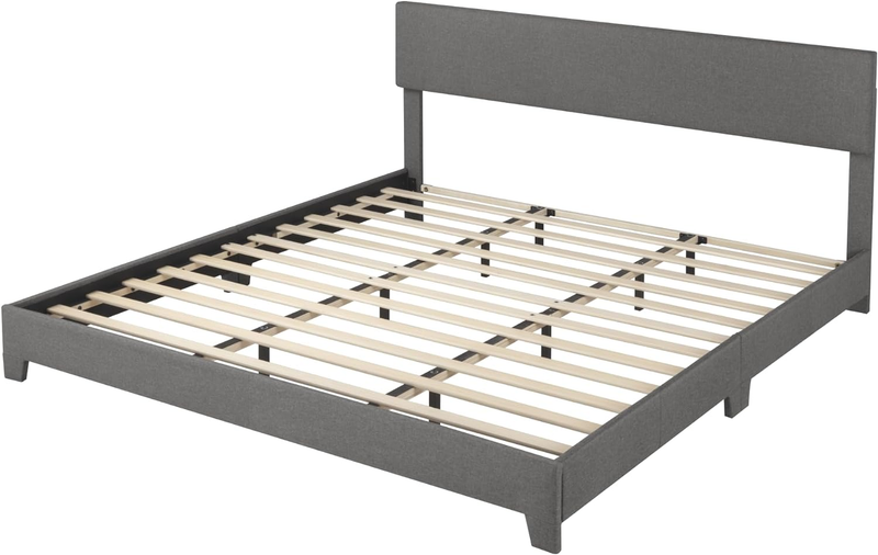 King Size Bed Frame with Adjustable Headboard, Upholstered Platform Bed with Woo
