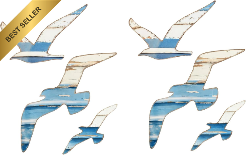 Coastal Wall Art Set of 6, Flying Seagulls Ocean Beach Decor, Distressed White a