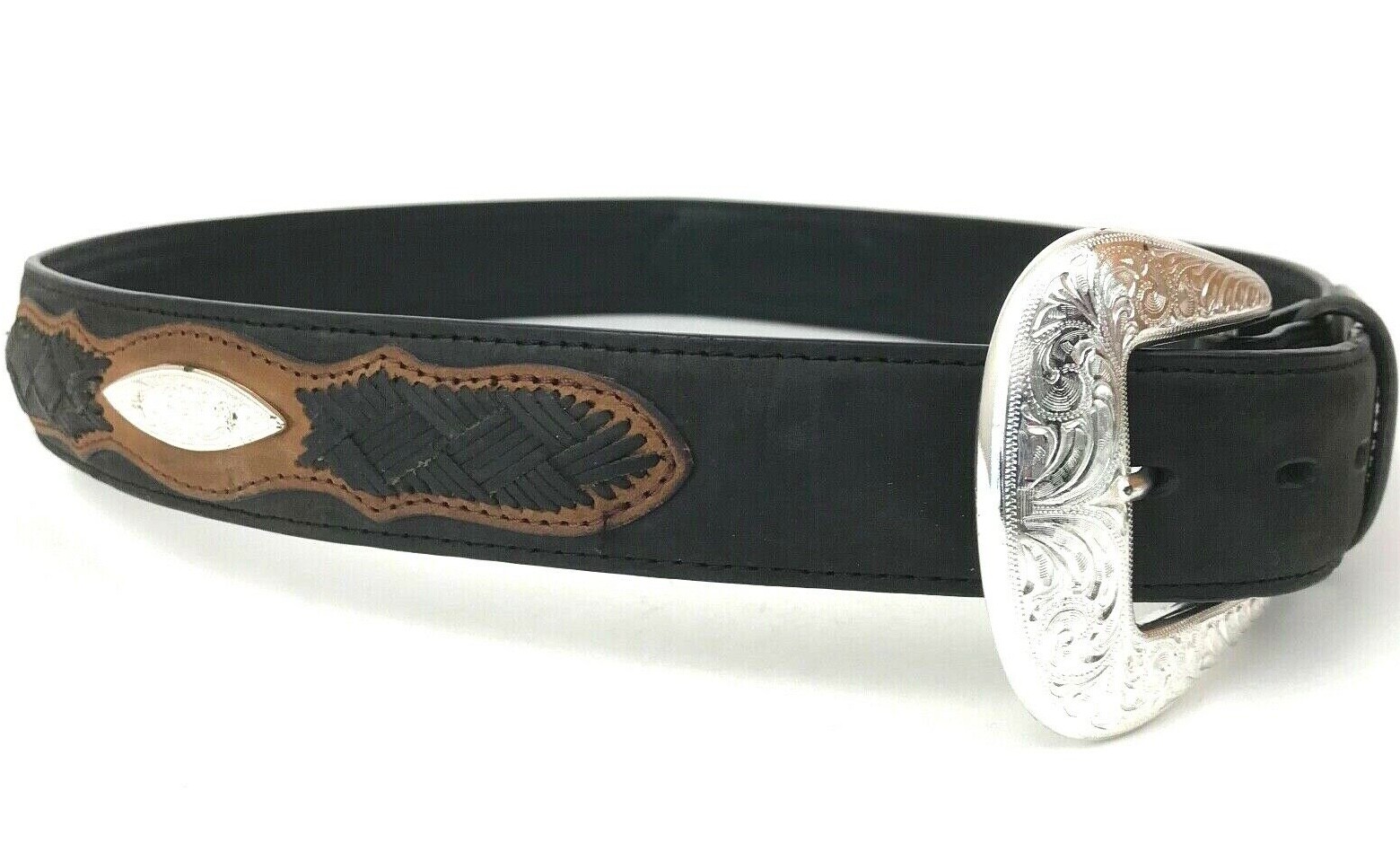 3D BELT Western Leather Braided Conchos Belt Mens 34 Silver