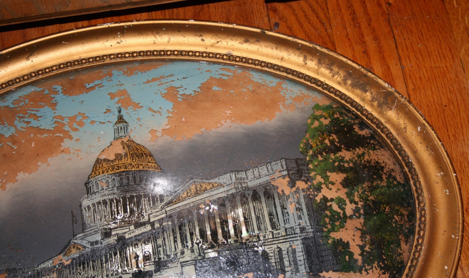 Antique Reverse Painting Convex Glass Frame 22x16 AS IS