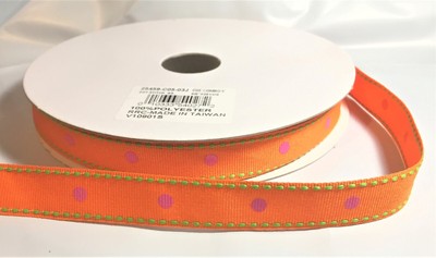 5/8'' Polyester Grosgrain Ribbon - Orange Green Stitch Pink Dot NEW Full Spool