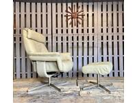 Grey leather swivel chair and footstool retro vintage style 