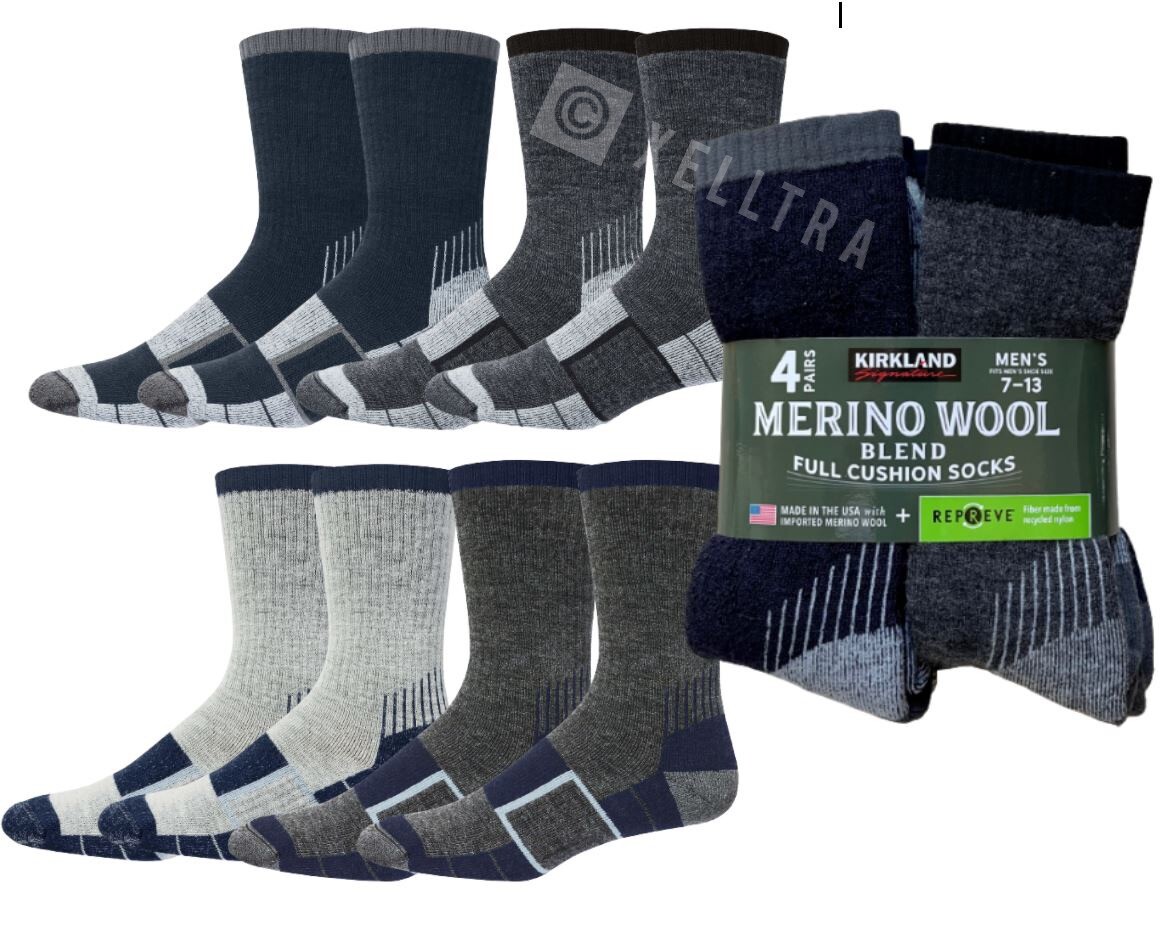 Pre-owned Kirkland Signature 4 Pairs  Merino Wool Men's Outdoor Hiking Trail Socks In Multicolor