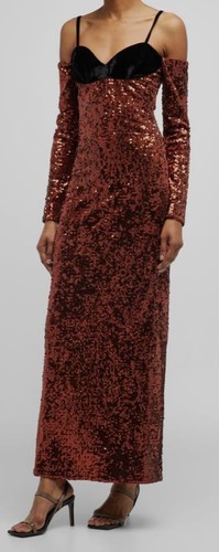 Pre-owned Zac Posen $1291  Women's Brown Cold-shoulder Sequin Column Gown Dress Size 10