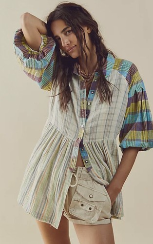 

Free People Sunshine Moon Bay Смешанная клетчатая туника Мини-платье с верхом, милый размер, Зеленый