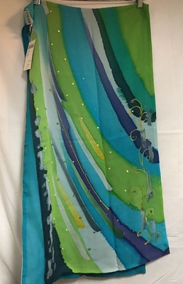 NWT Women39s CHICOS 100 Silk ScarfWrap ShawlBlue amp Green Sequence
