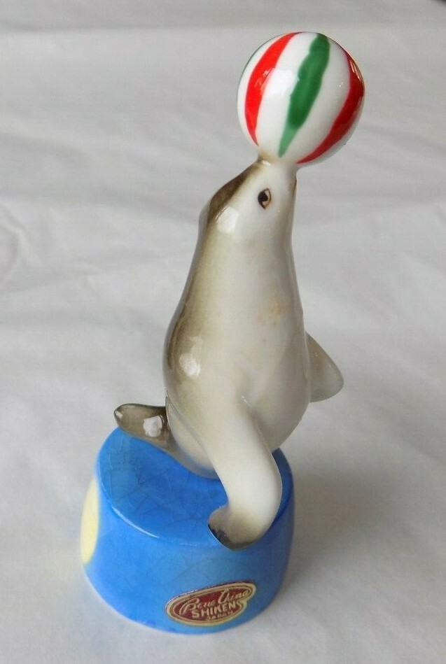 Vtg Shiken Bone China Circus Set Monkey Dog & Seal Figurines on Pedestal