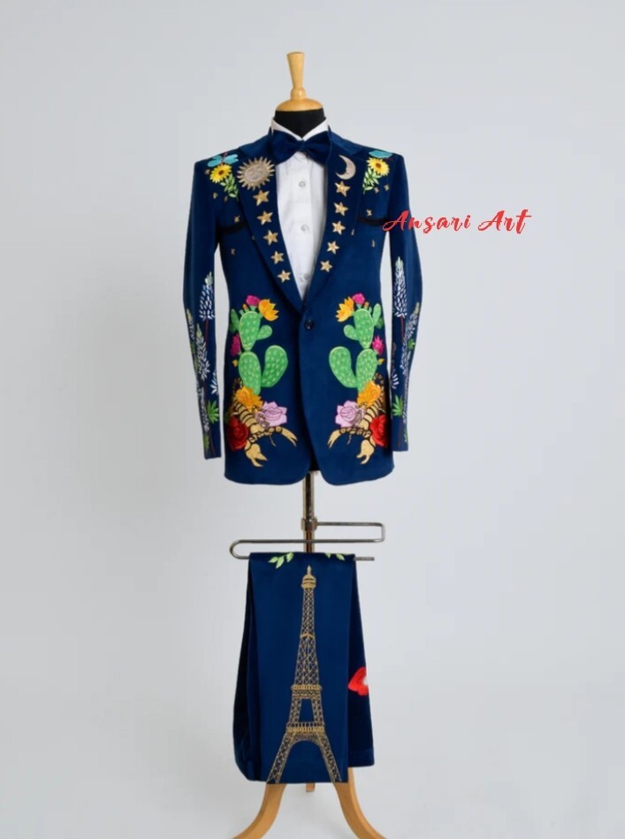 Pre-owned Art Men 2pc Country Western Suit Custom Made Green Vevlet Pant Suit Wedding Outfits