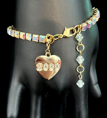 Kirks Folly AB Gold Tone Tennis Bracelet Removable Heart 2000 Charm 7''- 8.5'' VTG