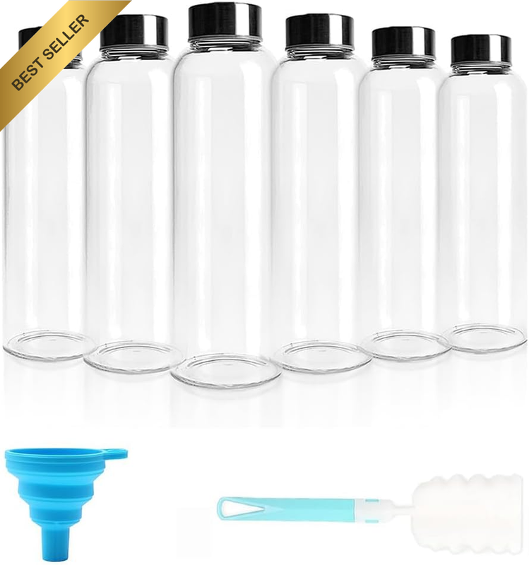 6 Pack 500ML Clear Glass Juice Bottles with Lids Funnel Brush Leakproof Durable