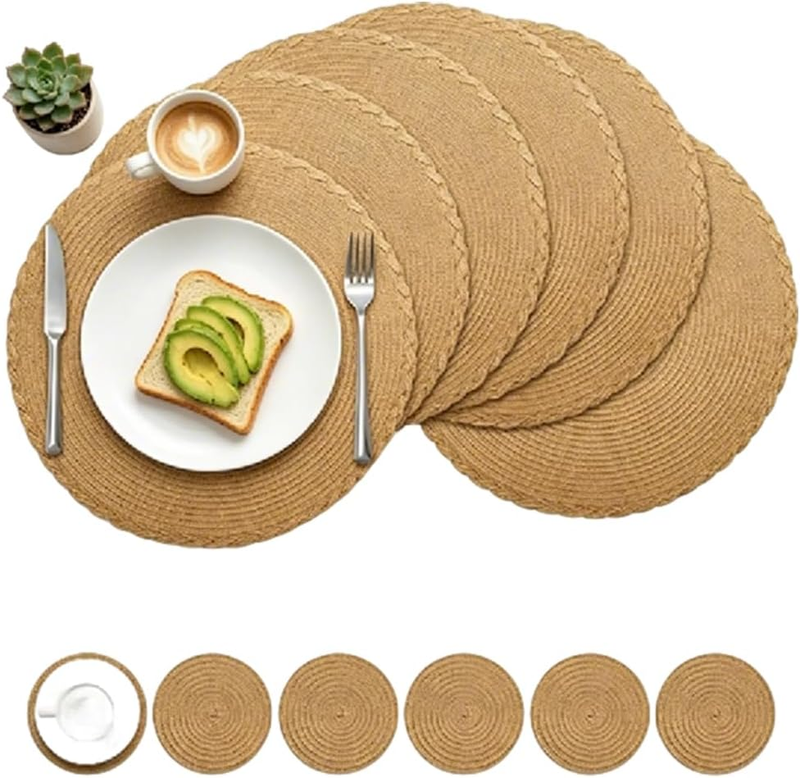 6 Pcs round Woven Placemats, 34 Cm Heat Resistant Mats, Braided Table Mats, Wash