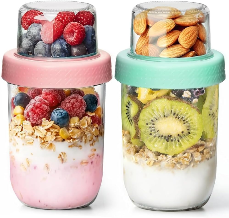 Overnight Oats Containers with Lids (16Oz+4Oz,2Pcs), Dual-Laryer Chia Pudding Ja