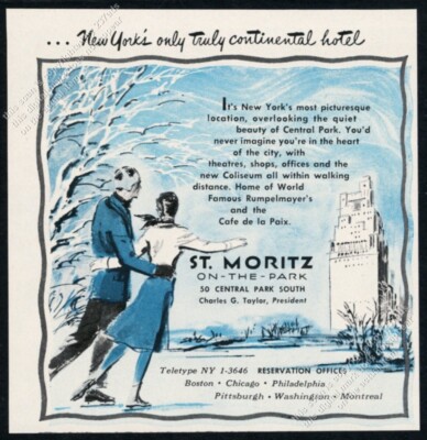 1957 St. Moritz hotel apartment NYC Central Park ice skating vintage print ad