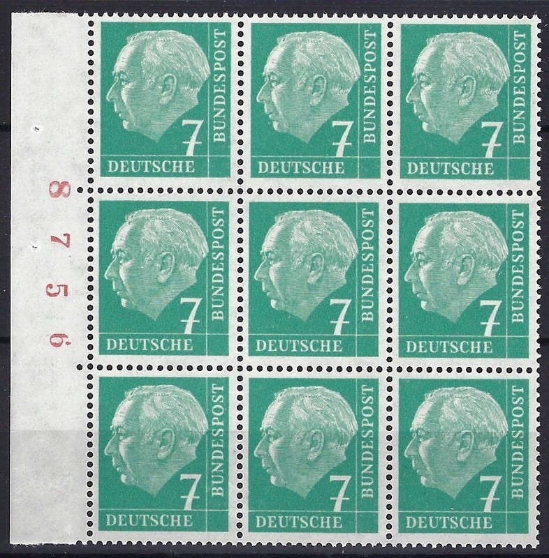 11219)) Brd Heuss I Mi 181y** Bogenteil (9) Seitenrand Links Mit BogenzÃ¤Hler Rot