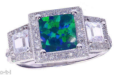White Gold Princess Cut Large Promise w Baguette CZ Dark Blue Fire Opal Ring