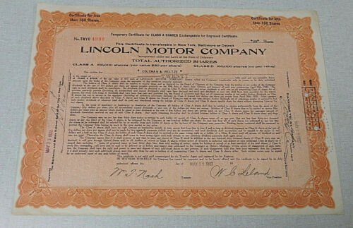 1922 Lincoln Motor Company stock certificate