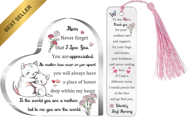 Mommy Gifts Mom Present Mother'S Day Gift 2PC Set Acrylic Heart Plaques Bookmark