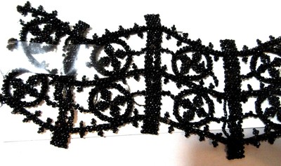 BLACK JET GLASS SEED BEAD COLLAR APPLIQUE FOR DRESS BEAUTIFUL PATTERN VINTAGE