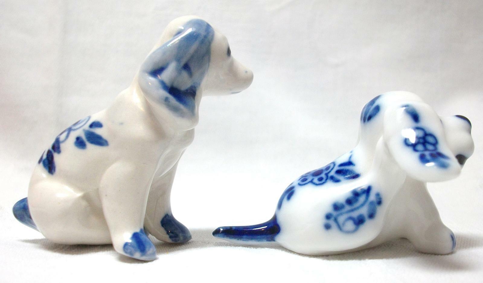 Two Porcelain Delft Blue & White Miniature Dogs Figurines
