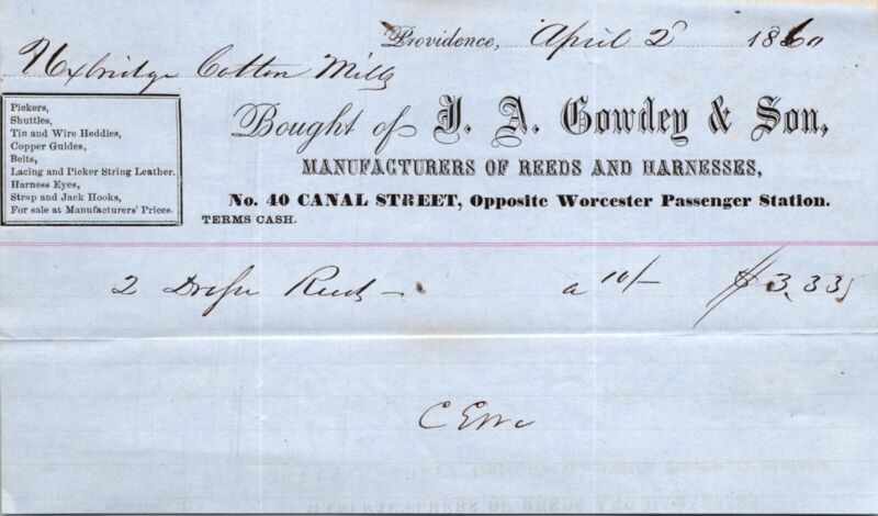 Gowdey & Son Providence Rhode Island 1860 Billhead Reeds & Harnesses