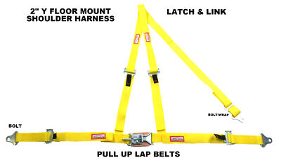 2'' LATCH & LINK Y FLOOR MOUNT HARNESS. 3 POINT BUGGY BELT PULL DOWN LAPS YELLOW