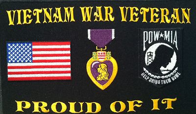 VIETNAM WAR VETERAN PROUD OF IT IRON-ON PATCH USA FLAG POW MIA PURPLE HEART