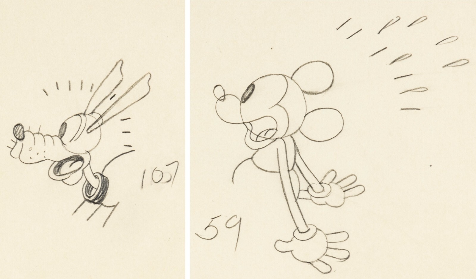2 LOT Mickey Mouse Pluto 1932 Animation Cel Drawings Disney