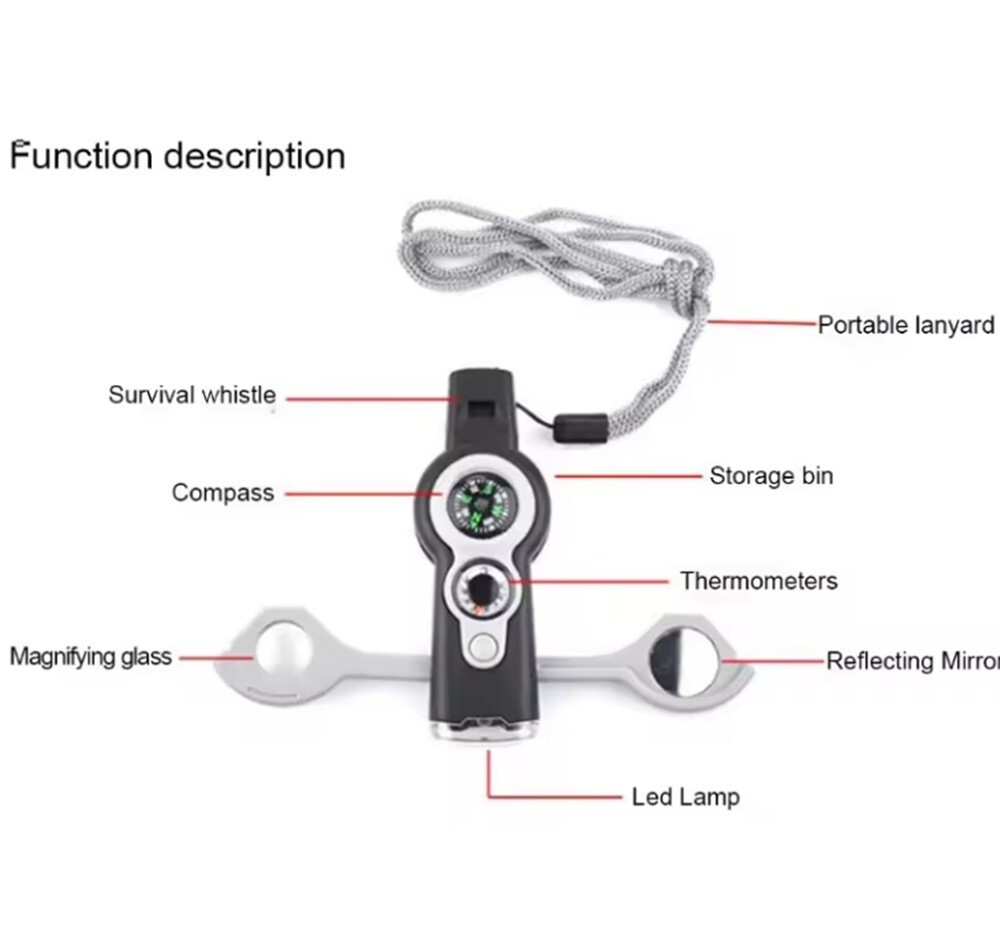 7-in-1 Emergency Survival Whistle, Outdoor Multifunctional Safety Tool w Lanyard