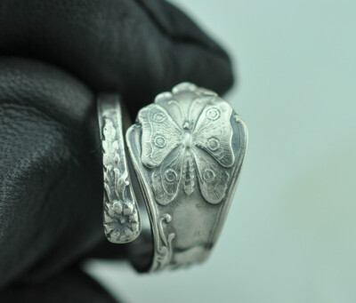 Solid 925 Sterling Silver Butterfly Lily Flower Adjustable Spoon Ring