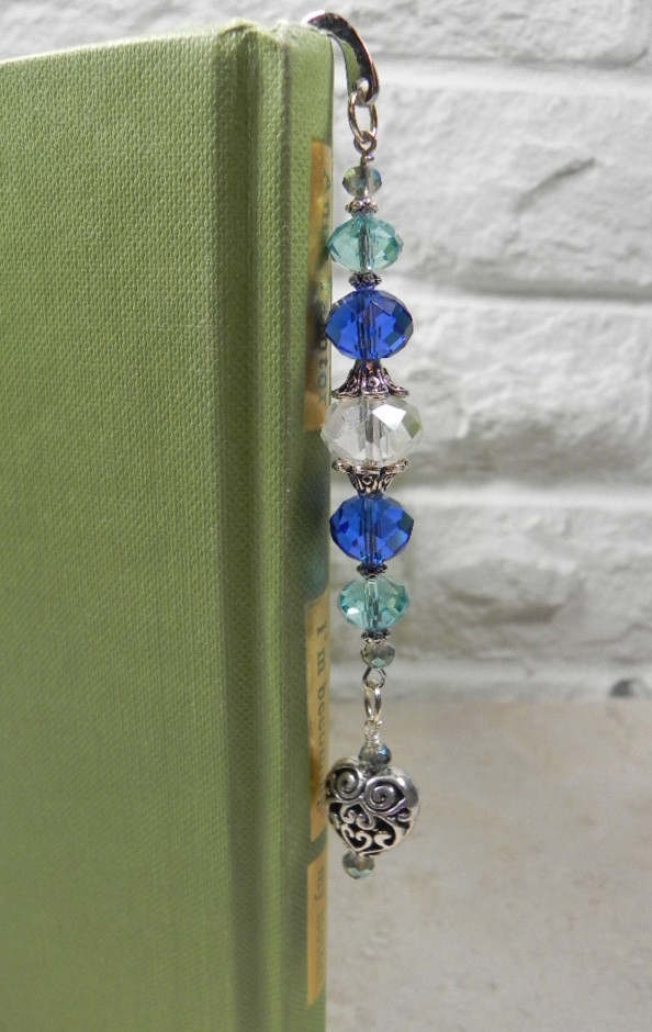 Heart Mini Bookmark Handmade Beaded Crystal Silver 4.5