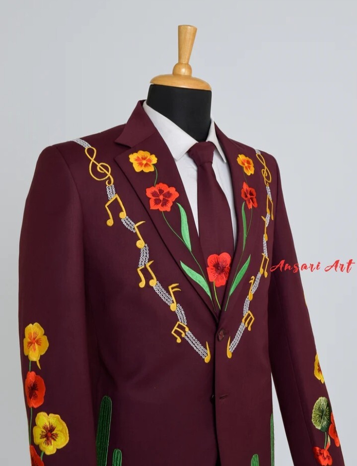 Pre-owned Art Men Mahoon 2pc Suit Custom Made Floral Embroidered Country Western Prom Outfits